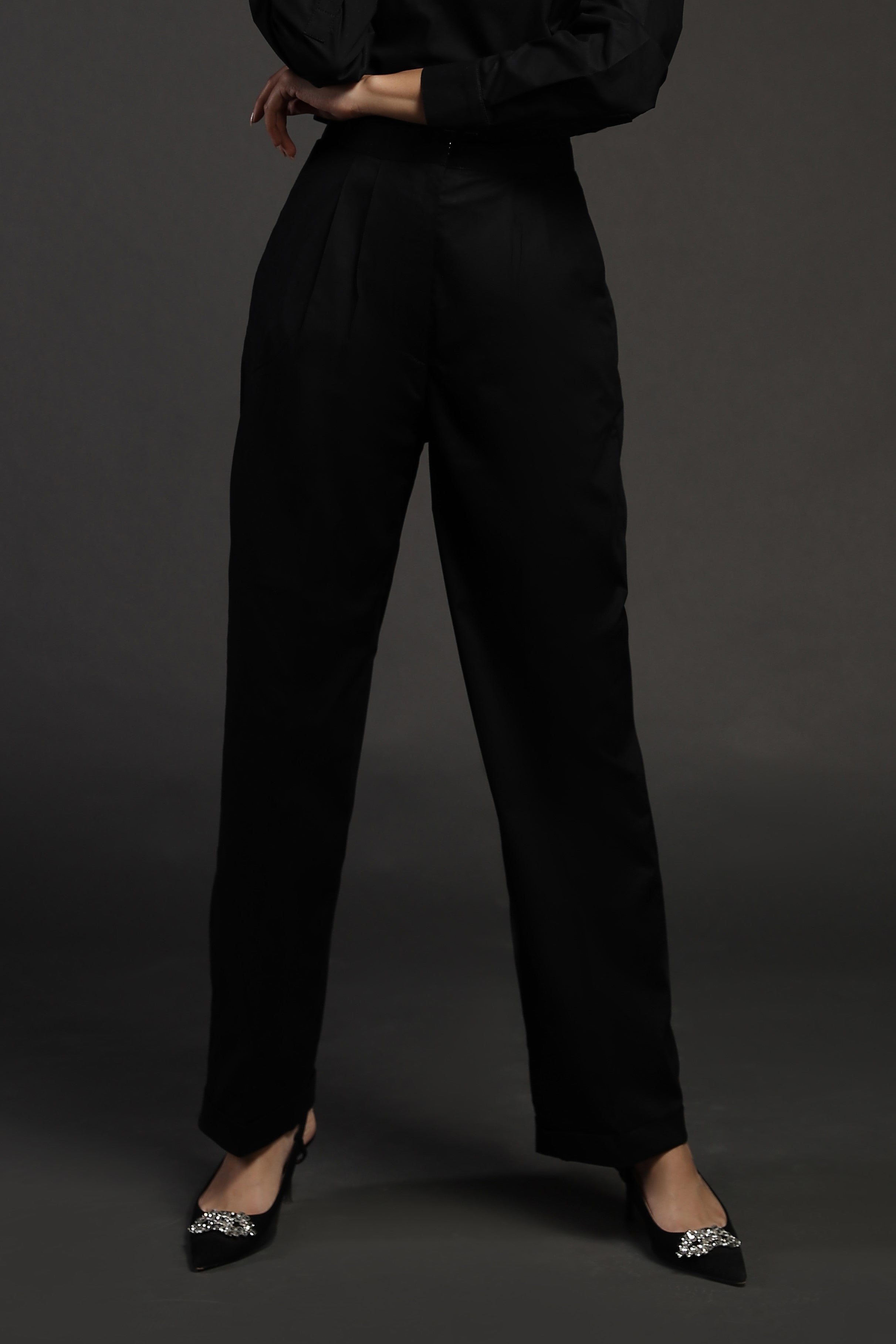 Black cotton cuffed straight pant