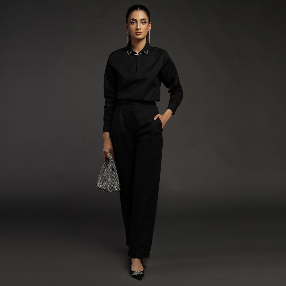 Black cotton cuffed straight pant